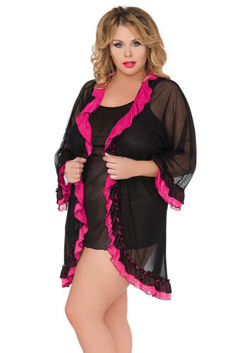Nachtkleid und Kimono schwarz/pink bis Gr. 54/56