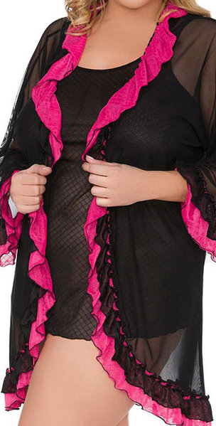 Nachtkleid und Kimono schwarz/pink bis Gr. 54/56