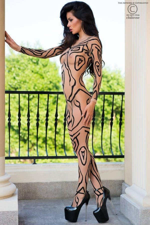 Tattoo Catsuit Hautfarben  Einteiler im Body Paint Look Gr. S/M