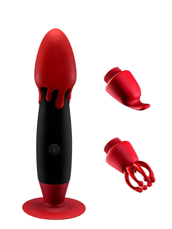 Vibrator Schwarz/Rot 16 cm mit Saugfuß,- Klitoris- & Nippel-Stimulator Aufsätzen