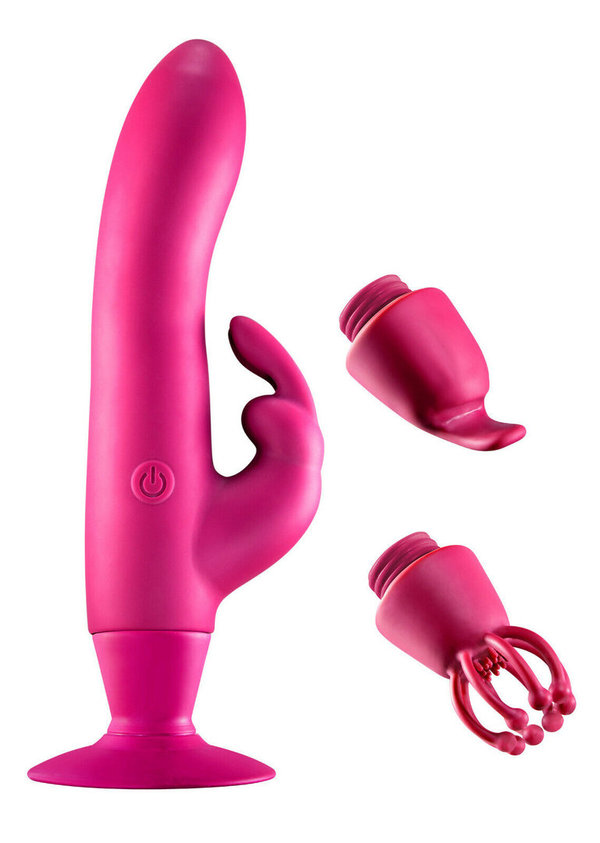 Vibrator Pink 16 cm mit Saugfuß und Klitoris- & Nippel-Stimulator Aufsätzen